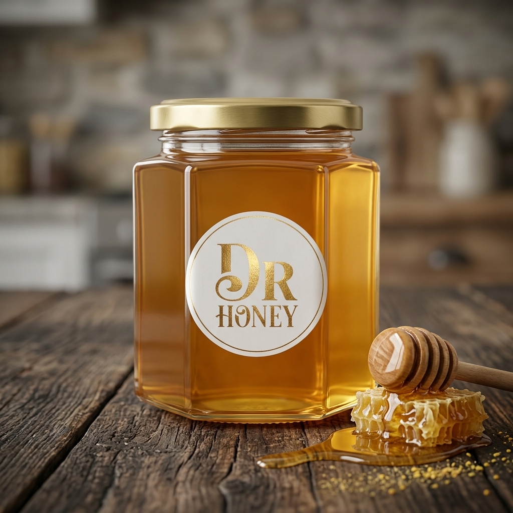 Dr.Honey premium organic honey jar - front view with signature circular white and gold ornate DR.Honey label