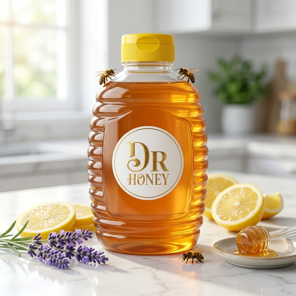 Top down view of open Dr.Honey jar on elegant white Carrara marble