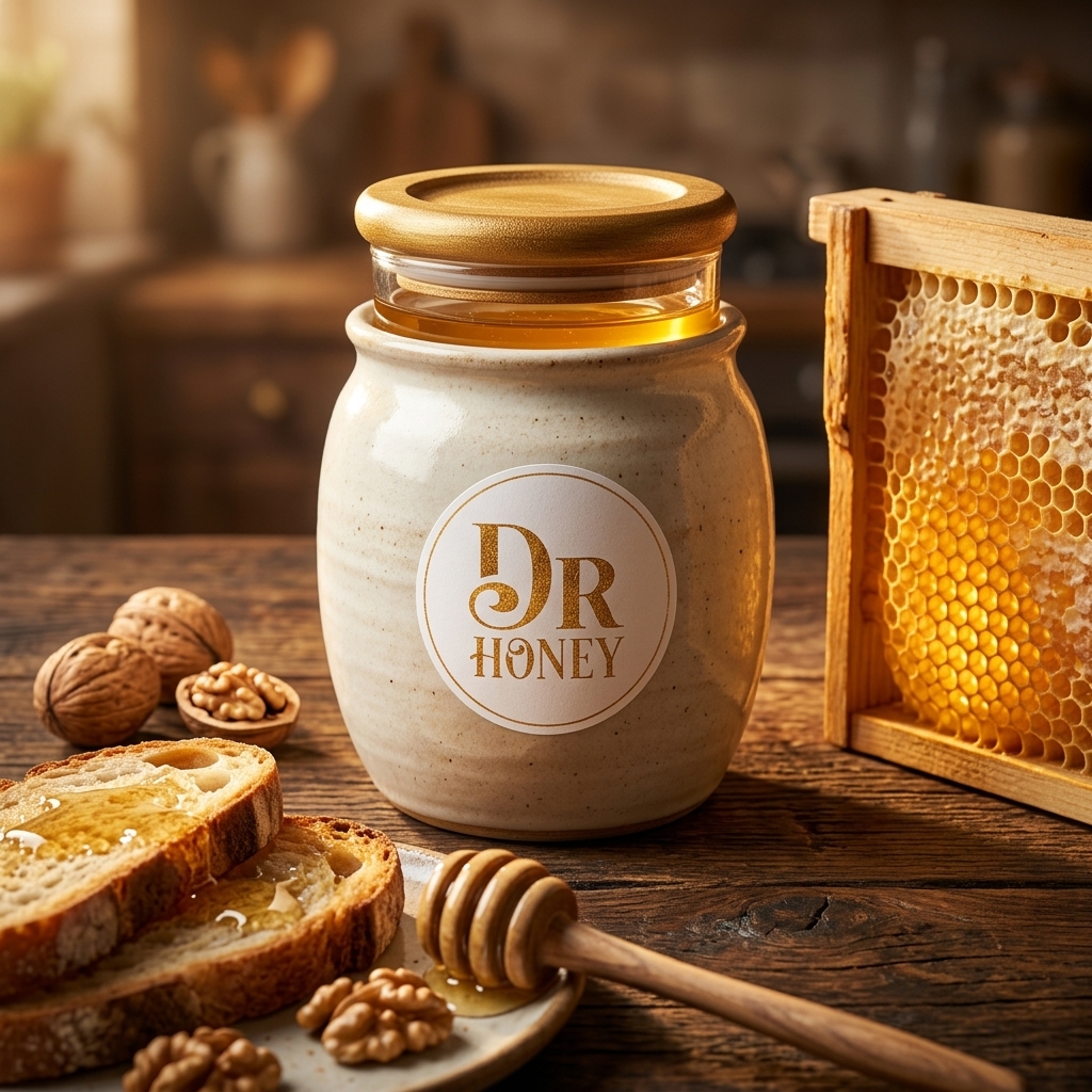 Dr.Honey jar with wooden honey dipper dripping thick golden honey on rustic wood